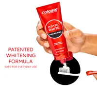Colgate Optic White Pro Series Stain Prevention Whitening Toothpaste being squeezed onto a toothbrush. In text: Patented whitening formula. Safe for everyday use.