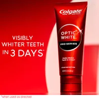 Colgate Optic White Pro Series Stain Prevention Whitening Toothpaste. In text: Visibly whiter teeth in 3 days*. *when used as directed.