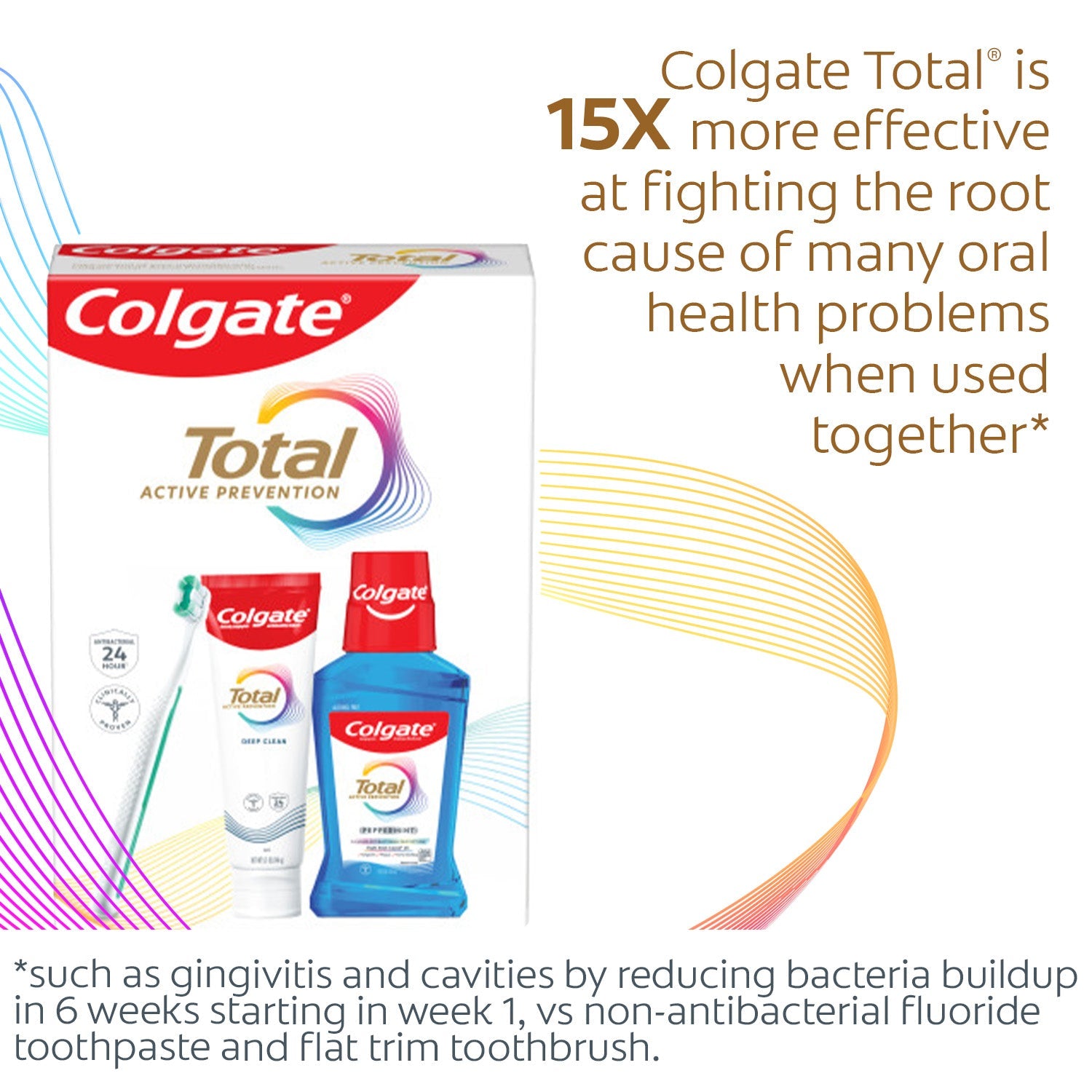 Colgate Total Active Prevention Oral Care Kit. In text: Colgate Total is 15X more effective at fighting the root cause of many oral health problems when used together*. *Such as gingivitis and cavities, by reducing bacteria buildup in 6 weeks starting in week 1, vs non-antibacterial fluoride toothpaste and flat trim toothbrush.
