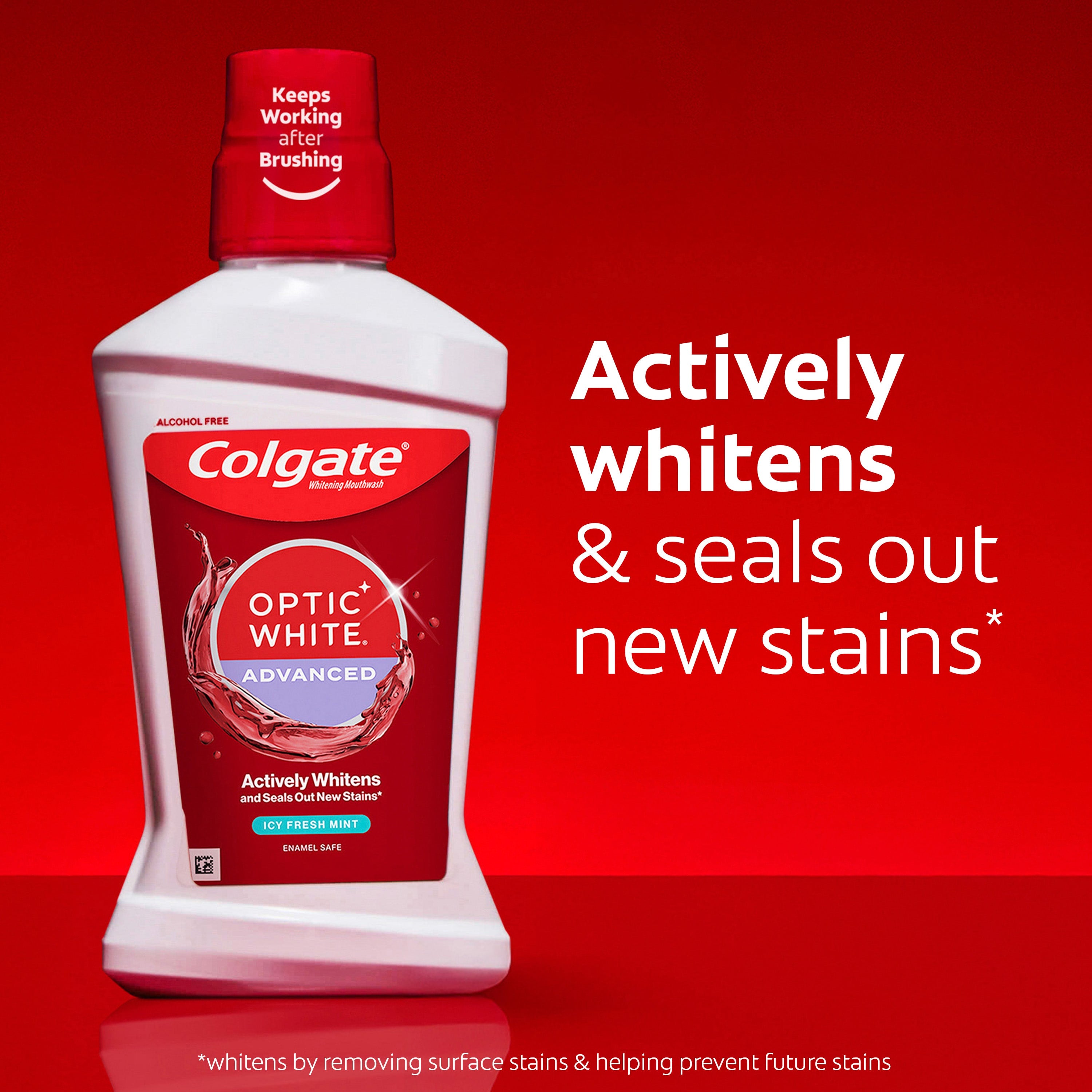 A bottle of Colgate Optic White Whitening Mouthwash. In text: Actively whitens & seals out new stains*. *whitens by removing surface stains & helping prevent future stains.